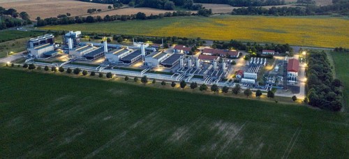 Aerial view of the Mallnow natural gas compressor station of Gascade Gastransport Gmbh, Mallnow