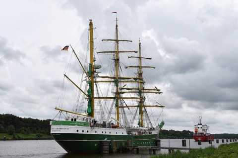 Sailing ship, barque, tall ship Alexander von Humboldt II sailing in the Kiel Canal,