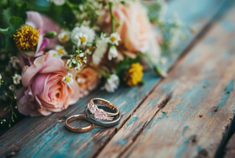 Diamond wedding rings jewelry and flowers bouquet for the wedding engagement and honeymoon, AI