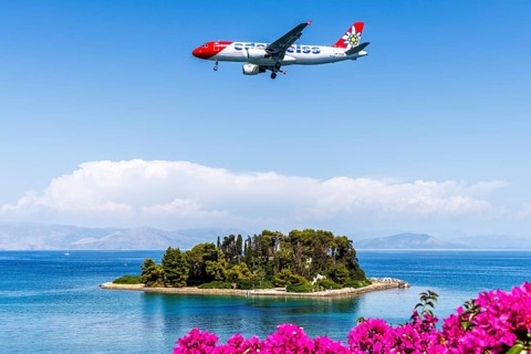 An Edelweiss Airbus A320 aircraft with the registration HB-JJK at Corfu Airport, Greece, Europe