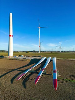 Wind farm near Bad Wünnenberg, construction site, storage area for a new wind turbine, components