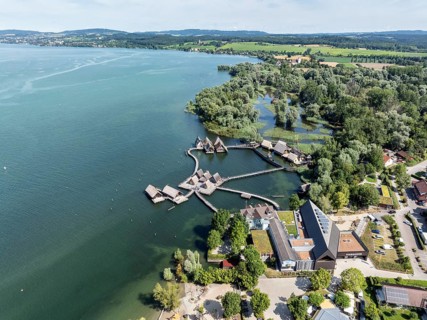Aerial view of the pile dwellings, Lake Dwelling Museum, Open Air Museum Unteruhldingen,