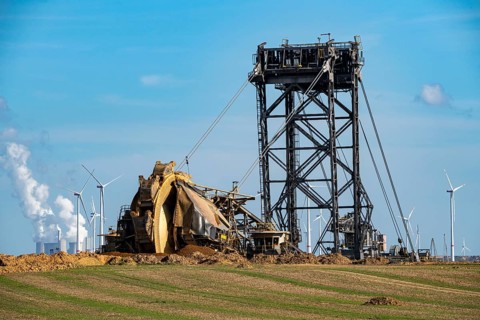 Opencast lignite mine Garzweiler II, bucket wheel excavator dredging, at the edge of the opencast