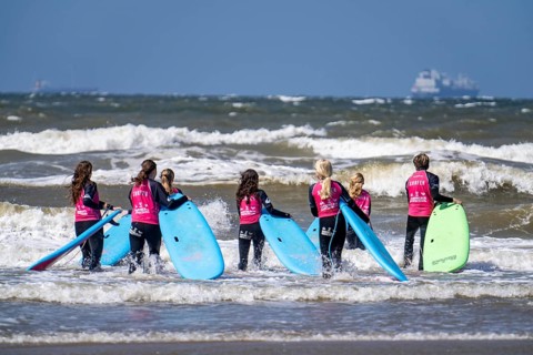 Course for surfers, surfing beginners, on the beach of Scheveningen, Netherlands