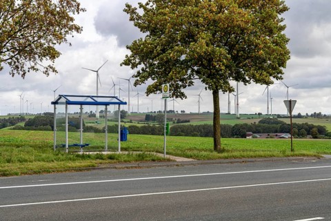 Bus stop in the countryside, on the B68, new, modern bus shelter, line to Warburg, Ostwestfalen