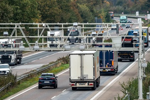 Sensors on a toll bridge, for recording motorway tolls, on the A3 motorway near Hamminkeln, Lower