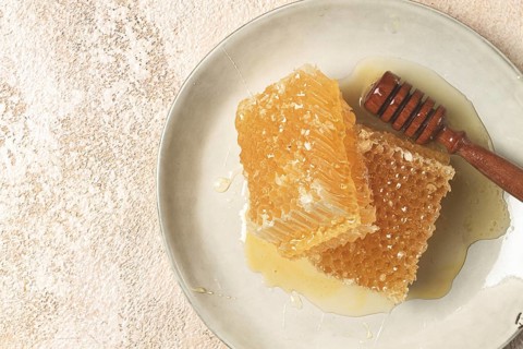 Honeycomb, with a wooden spoon-spindle, on a plate, no people