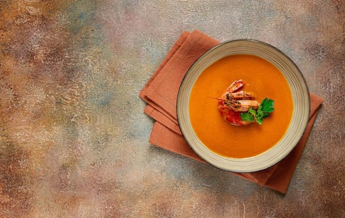 Shrimp cream soup, bisque soup, French cuisine, homemade, no people