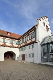 Historic town library with stepped gable at the Pfleghof, Langenau, Alb-Donau district, Swabian