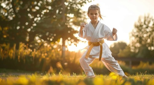 Young children practice martial art in kimono and developing karate and kong fu strength., AI
