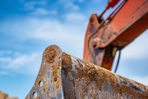 Close up of large shovel of bucket tractor. KI generiert, generiert, AI generated