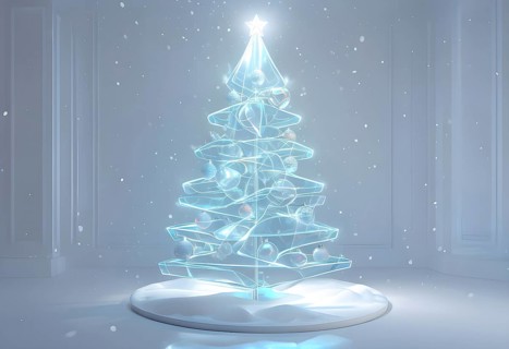 A three dimensional rendering of a futuristic Christmas tree made of glowing, semi-transparent