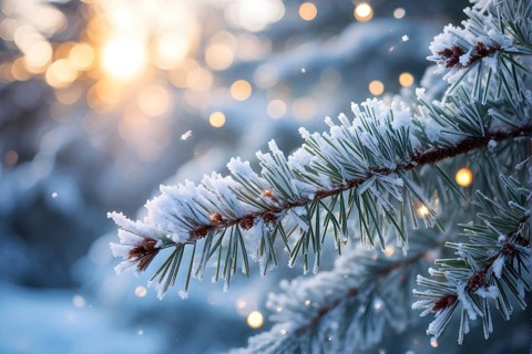 Frost-covered pine branches with delicate snowflakes in soft light, AI generated