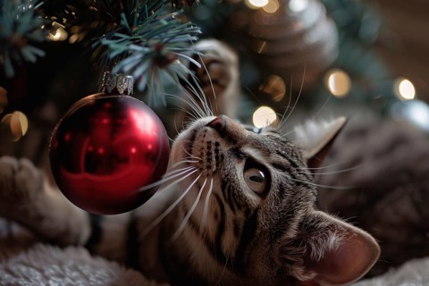 Curious cat playing with red Christmas tree bauble. Generative AI, AI generated