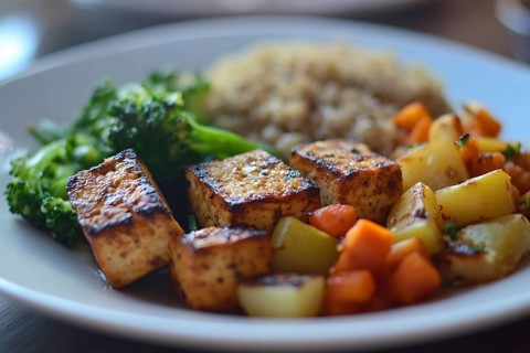 Plate with vegan meal with fried tofu, quinoa and vegetables. Generative Ai, AI generated