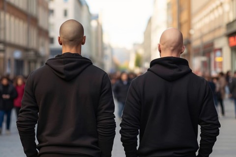 Back view of twi skinheads in black hoodies in street. KI generiert, generiert AI generated