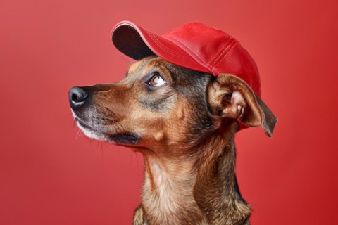 Dog with baseball cap in front of red studio background. KI generiert, generiert, AI generated