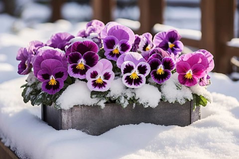 Violet pansies flowers in spring covered in snow. KI generiert, generiert AI generated