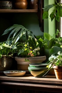 A sunlit kitchen corner, with a rustic wooden shelf holding neatly arranged ceramic bowls and a