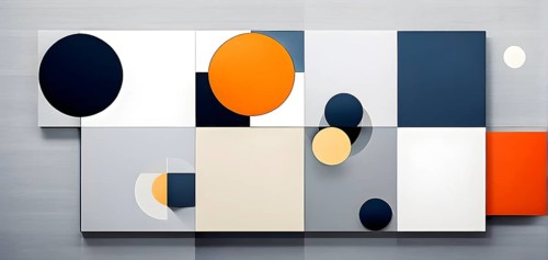 Minimalist composition of overlapping geometric shapes, such as circles, squares, and triangles,