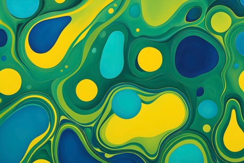 Abstract wallpaper with colorful blobs and liquid shapes on a green background, AI generated