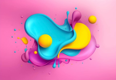 Abstract image with colorful yellow and turquoise blobs and liquid shapes on a pink background, AI
