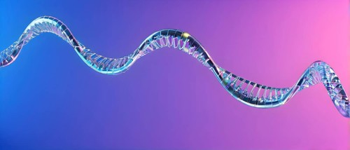 DNA double helix structure against gradient blue background, AI generated