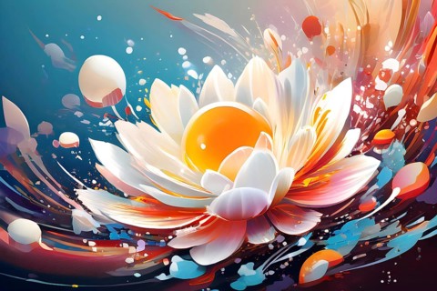 An energetic, abstract explosion of spring colors with egg and flower motifs subtly integrated,