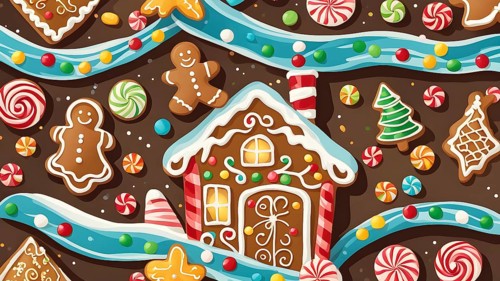 Abstract wallpaper illustration of of gingerbread house decoration, AI generated