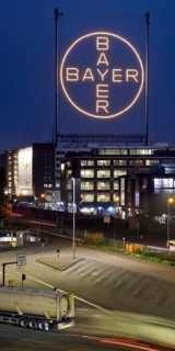 Bayer cross in the blue hour on the premises of Bayer AG, Leverkusen, Bergisches Land, North