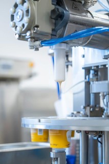 Machine fills white yoghurt into cups on a production line, ice cream production Haselstaller Hof,