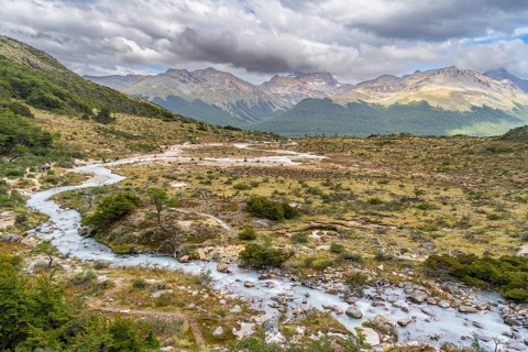 Torrent with glacier water on the way to Laguna Esmeralda, Tierra del Fuego Island, Patagonia,