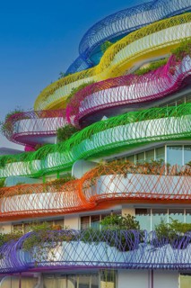 Modern apartment building with colourful balcony decorations, Eivissa, Ibiza Town, Ibiza, Balearic