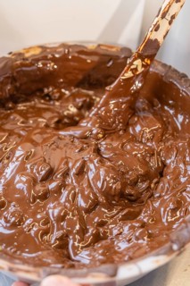 Close-up of a thick chocolate mass in a bowl, Burch Schokolade production, Haselstaller Hof,