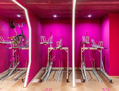 Underground car park for bicycles, redesigned Potsdamer Platz station, Sony Center, Berlin,