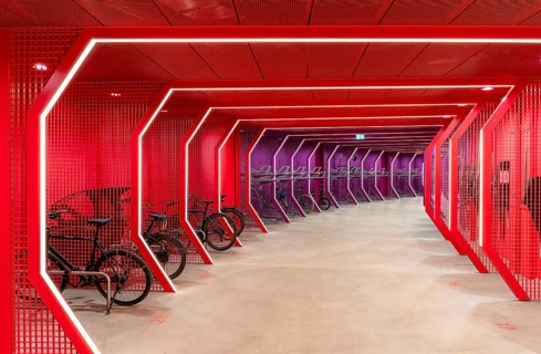 Underground car park for bicycles, redesigned Potsdamer Platz station, Sony Center, Berlin,