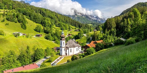 Maria Gern pilgrimage church in the Bavarian Alps Panorama in Berchtesgaden, Germany, Europe
