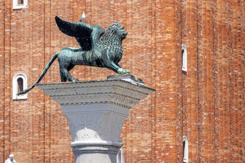 View of the city from the Canale della Giudecca, granite column on St Mark's Square with the Lion