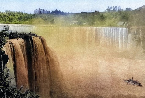 Niagara Falls, Canada, USA, Historical, digitally restored reproduction from a 19th century