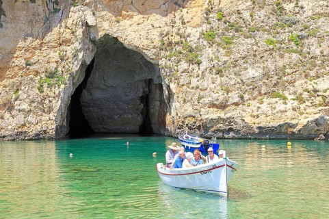 Boat trip at the Inland Sea tourist attraction, Dwerja Bay, island of Gozo, Malta, Europe