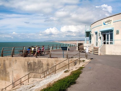 Quiddles seaside cafe restaurant overlooking the sea at Chiswell, Isle of Portland, Dorset,