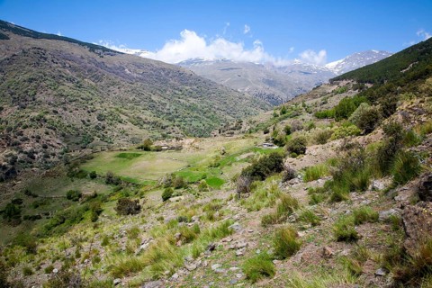 Landscape of the River Rio Poqueira gorge valley, High Alpujarras, Sierra Nevada, Granada Province,