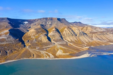 Aerial view over the mountains of Skansbukta in the outer Billefjorden, Billefjord, southeast of