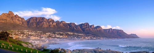 Camps Bay Beach, near Cape Town, behind the Twelve Apostles mountain range, South Africa, Africa