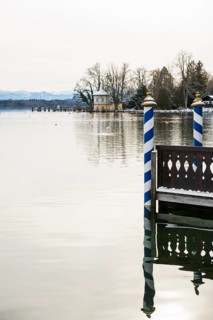 Brahms Pavilion with snow in winter, Tutzing, Lake Starnberg, Fünfseenland, Pfaffenwinkel, Upper