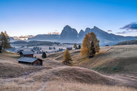 Autumn on the Seiser Alm, Alpine huts with Plattkofel and Langkofel, frost, fog, Dolomites, South