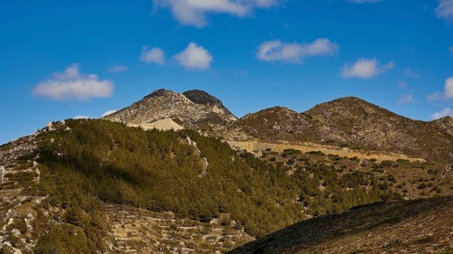 Mountain landscape with wooded hills and blue sky, Northern West Coast, Karpathos, Dodecanese,