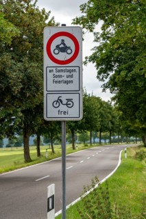 Prohibition sign, driving bans for motorbikes on weekends and public holidays, Eifel, Steckenborn,