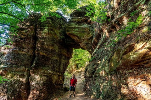 Hindenburgtor, rock formation on the red sandstone route, hiking trail, above the Rur valley,