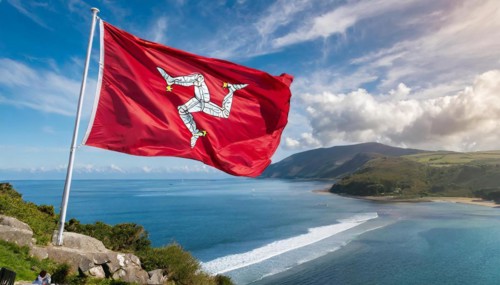 The flag of the Isle of Man, Great Britain, flutters in the wind